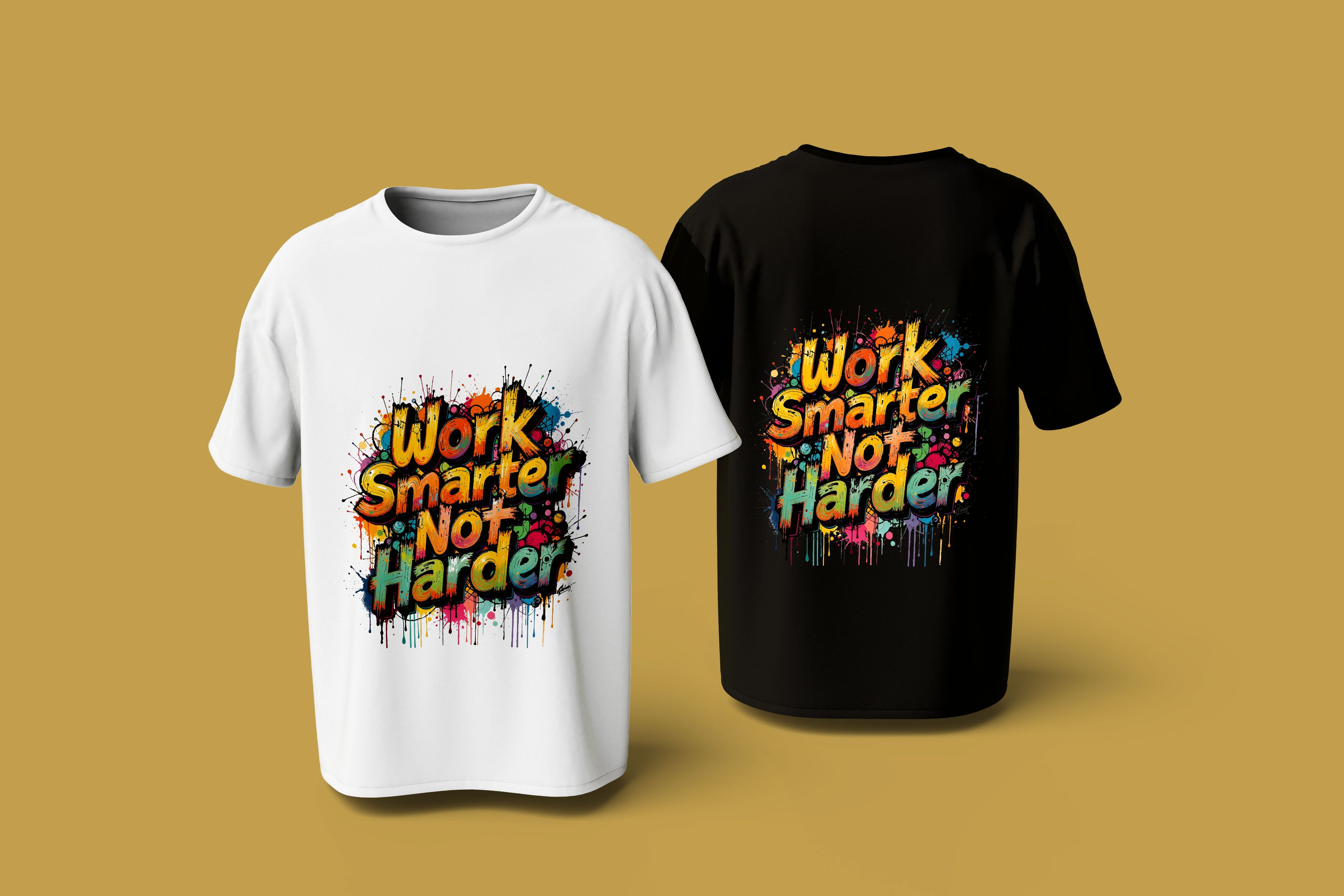 Ready-to-print t-shirt design bundle mockup. Work Smarter Not Harder motivational typography t-shirt design bold black text white background